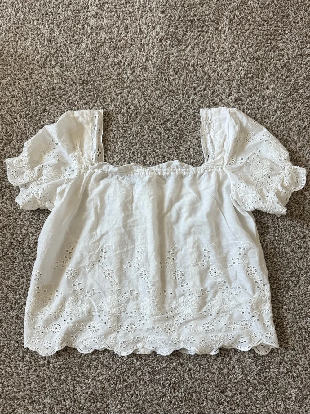 Anthropologie White Eyelet Ruffle Puff-Sleeve Top